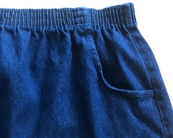 M/L | 90s denim skirt high waist elastic waistband pockets medium large indigo wash minimal chic summer bottom