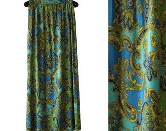 Paisley Maxi Skirt | 70s vintage high waist long chic yellow green blue palette disco 1970s women poly blend 27 waist small extra small S M