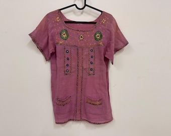 todo 15 rebajas XS malva rosa manga corta algodón años 70 vintage 1970 extra pequeño india bordado de flores boho hippie girasol cuello cuadrado