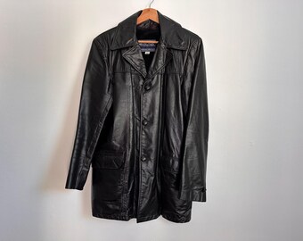 S/M warm leather jacket 80s vintage lined lapel collar self covered buttons classic