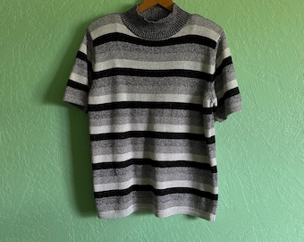 L | 90s Vintage knit sweater shirt top large striped gray silver stretch short sleeve black large happy stripe