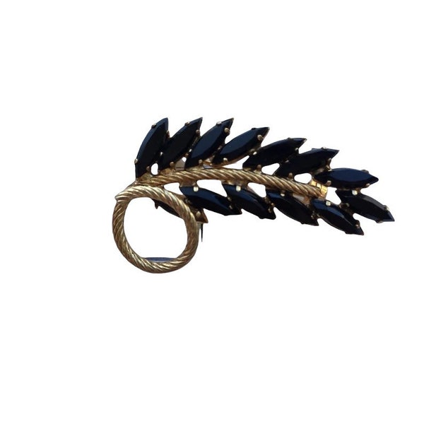 Napier Brooch | 80s vintage black and gold facet leaf stylized deco inspired pin