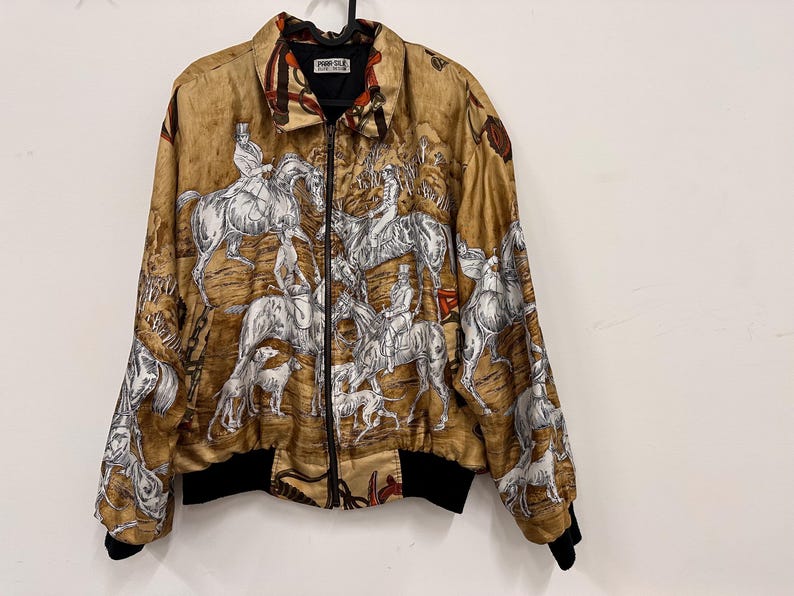 Bomber en soie des années 90 vintage coupe-vent moyen m des années 1990 petit s thème équestre impression d'art motif unisexe