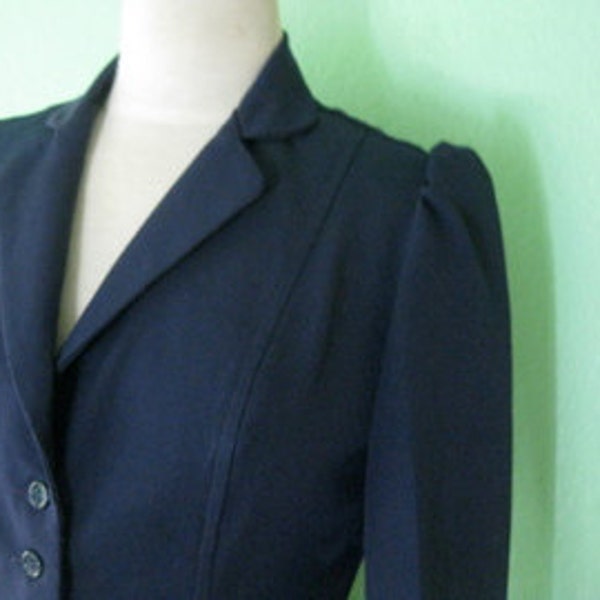 EVERYTHING 15 SALE 80s blazer - navy blue puffy sleeve office vintage jacket - size small