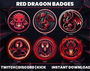 May include: A collection of red dragon badges with varying designs, including a cute baby dragon and fierce, detailed dragons. The badges are circular with black and red accents, and the text "RED DRAGON BADGES" is at the top. The image also includes the text "TWITCH | DISCORD | KICK | INSTANT DOWNLOAD".