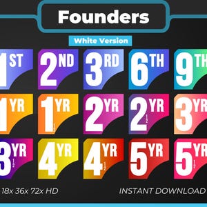 May include: A digital graphic with the word "Founders" at the top and "White Version" below it. The image features colourful badges with numbers and "YR" or "YR 1/2" text. The bottom of the image has the text "18x 36x 72x HD" and "INSTANT DOWNLOAD".