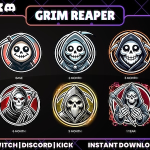 Grim Reaper Twitch Sub Badges | Twitch Badges | Kick Sub Badges | Discord Badges | Grim Skull Loyalty Badges | Streaming Overlay Icons