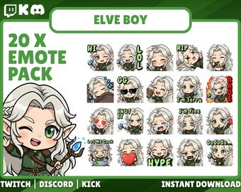 Elve Boy Chibi Emotes | 20 Twitch/Discord Emoji Pack (Instant Download PNG)