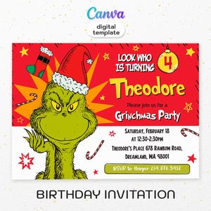 Dr. Seuss Geburtstagseinladung, druckbares Märchen einladen, bearbeitbare Grinch Party einladen Vorlage, grüner Junge Mädchen Geburtstag, Weihnachtsparty