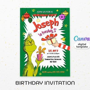 Dr. Seuss Geburtstagseinladung, druckbares Märchen einladen, bearbeitbare Grinch Party einladen Vorlage, grüner Junge Mädchen Geburtstag, Weihnachtsparty
