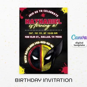 Editable Deadpool and Wolverine Birthday Invitation, Wolverine Deadpool Superheroes Party, printable Invitation