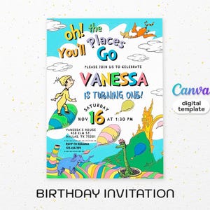 Dr. Seuss Geburtstagseinladung, bearbeitbares druckbares Märchen einladen, oh, die Orte, an die du gehen wirst! Party, Junge Mädchen Geburtstag, erste zweite
