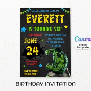 Superhero Birthday Invitation, Hulk Party, Editable Template (Digital Download)