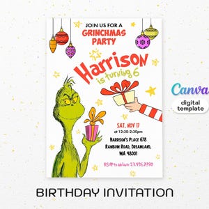 Dr. Seuss Geburtstagseinladung, druckbares Märchen einladen, bearbeitbare Grinch Party einladen Vorlage, grüner Junge Mädchen Geburtstag, Weihnachtsparty