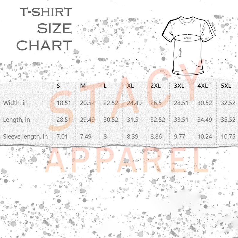 K&ouml;nnte beinhalten: Eine T-Shirt-Gr&ouml;&szlig;entabelle mit Ma&szlig;en in Zoll. Die Tabelle enth&auml;lt Breite, L&auml;nge und &Auml;rmell&auml;nge f&uuml;r die Gr&ouml;&szlig;en S bis 5XL. Eine Abbildung eines T-Shirts zeigt, wo die Ma&szlig;e genommen werden.