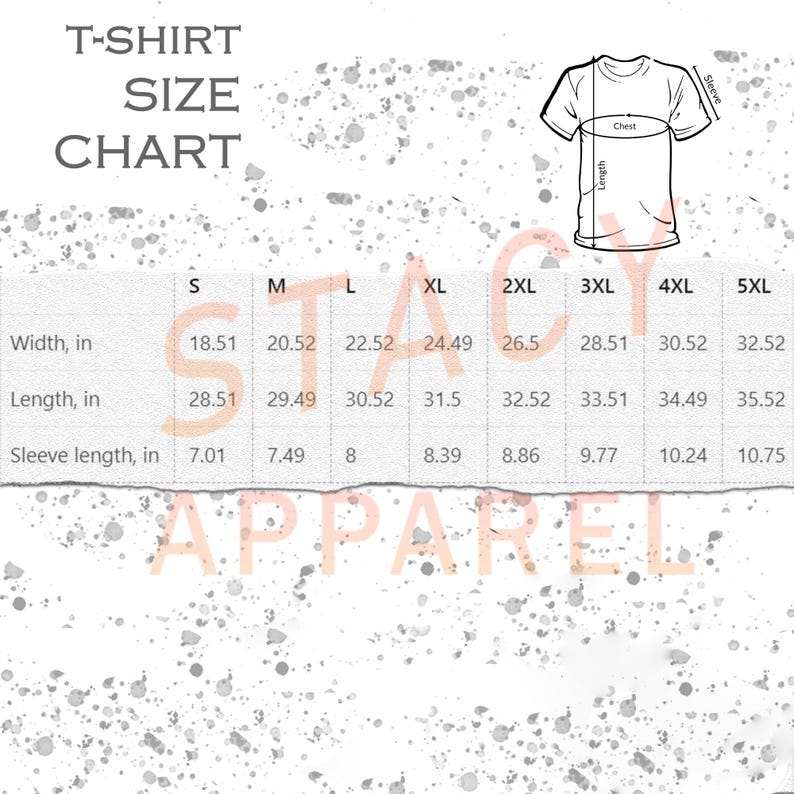 Puede incluir: Tabla de tallas de camisetas con medidas en pulgadas. La tabla incluye ancho, largo y largo de manga para las tallas S a 5XL. Un diagrama de una camiseta ilustra d&oacute;nde se toman las medidas.
