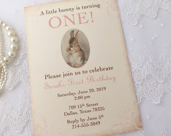 Printed Pink Bunny Birthday Invites Printed Bunny Rabbit First Birthday Invitations