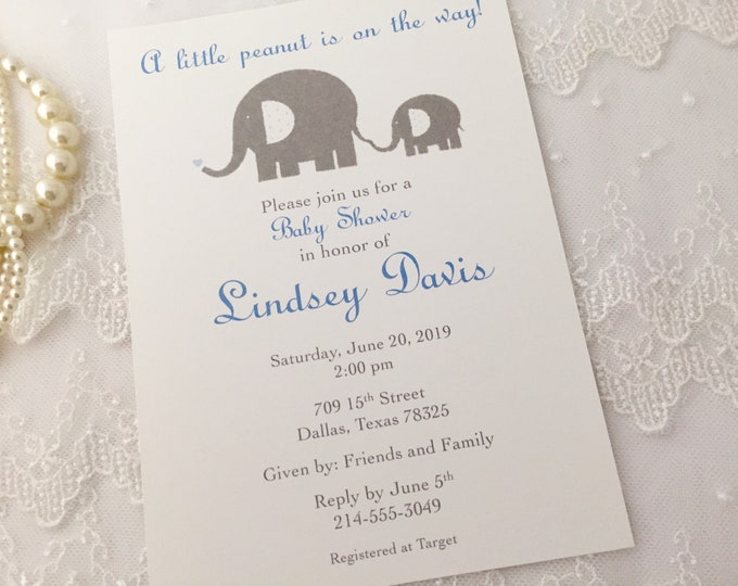 A little Peanut is on the way Invitations Printed Baby Boy Elephant Invitations Boy Elephant Invites