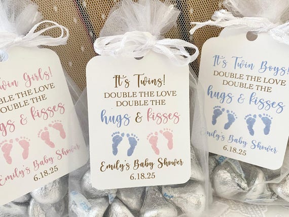 Twin Baby Shower Favor Bags, Twin Hugs and Kisses Candy Favor Bags for Baby Shower, Twin Boy Favors, Double the Love Favors
