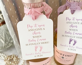 Baby Shower Champagne Tags, Girl Champagne Tags, Girl Wine Tags, Baby Girl Champagne Tags, Pop it Open, Give a Cheer, Printed