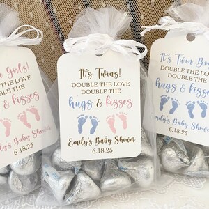 Twin baby shower favor bags, personalized hugs and kisses candy pouches for boys, printed double the love custom gifts image 2
