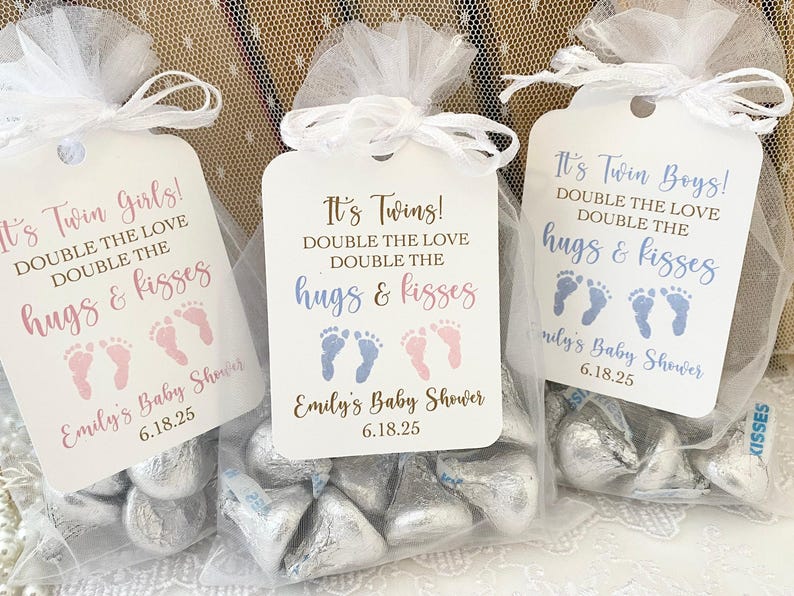 Twin baby shower favor bags, personalized hugs and kisses candy pouches for boys, printed double the love custom gifts image 2
