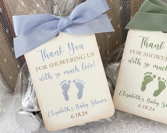 Boy Baby Shower Thank You Favor Bags and Tags, Printed Personalized Blue Thank You for Showering Us with Love Favor Bags