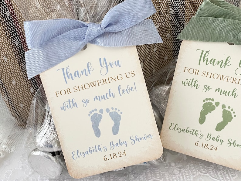 Boy Baby Shower Thank You Favor Bags and Tags, Printed Personalized Blue Thank You for Showering Us with Love Favor Bags image 1