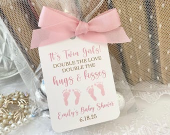 Twin Girl Baby Shower Favor Bags, Personalized Tags