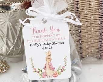 Flopsy Baby Shower Favor Bags, Printed Pink Girl Peter Rabbit Bunny Baby Shower Favors, Thanks for Hopping By!