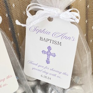 Personalized Baptism Favor Gift Bags and Tags for Girls, Christening Baby Dedication Cross Gift Bags for Guests, Thank You Cross Favors image 2