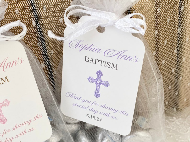 Personalized Baptism Favor Gift Bags and Tags for Girls, Christening Baby Dedication Cross Gift Bags for Guests, Thank You Cross Favors image 2