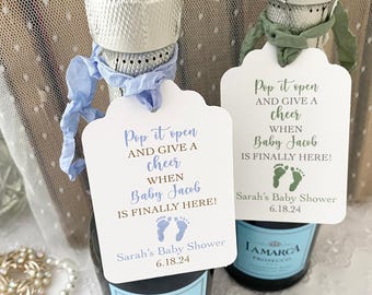 Baby Shower Wine Tags, Baby Shower Champagne Tags, Pop it Open Tags, Give a Cheer Tags, Boy Champagne Tags, Boy Wine Tags, Printed