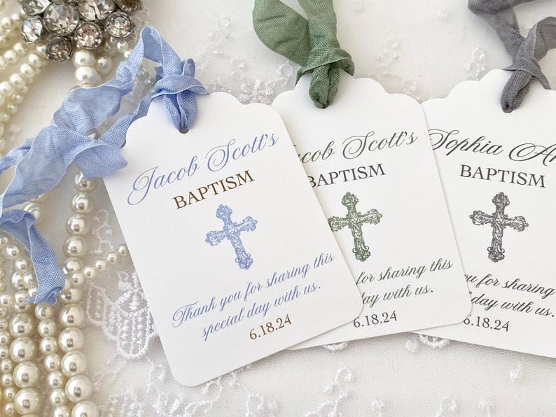 Printed Personalized Baptism Favor Gift Tags, Christening Baptism Cross Thank You Tags Bild 3