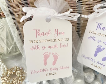 Printed Baby Shower Thank You Favor Bags and Tags For Girl Shower, Personalized Pink Thank You for Showering Us with Love Favor Bags