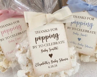 Baby Shower Popcorn Favor Gift Bags, Thanks for Popping Poppin' By Baby Shower Favors, Personalized Popcorn Bags and Tags Gender Neutral