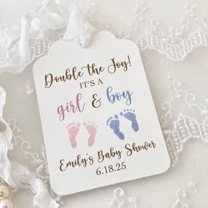 Printed Twin Boy Girl Gift Favor Tags, Twin Baby Shower Favor Tags, Double the Joy, It&#39;s a Girl and Boy Tags