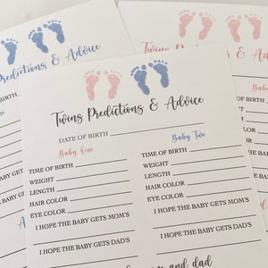 Printed Twins Prediction and Advice Cards, Twin Baby Shower Prediction Game Cards