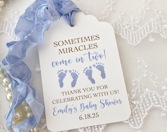 Printed Twin Boy Favor Gift Tags, Personalized Twin Thank You Baby Tags, Twin Blue Footprint Tags, Sometimes miracles come in two Favor Tags