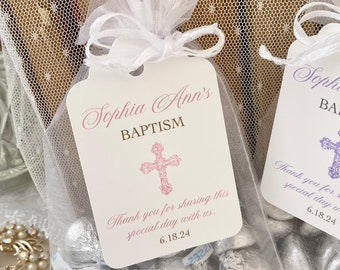 Personalized Baptism Favor Gift Bags and Tags for Girls, Christening Baby Dedication Cross Gift Bags for Guests, Thank You Cross Favors