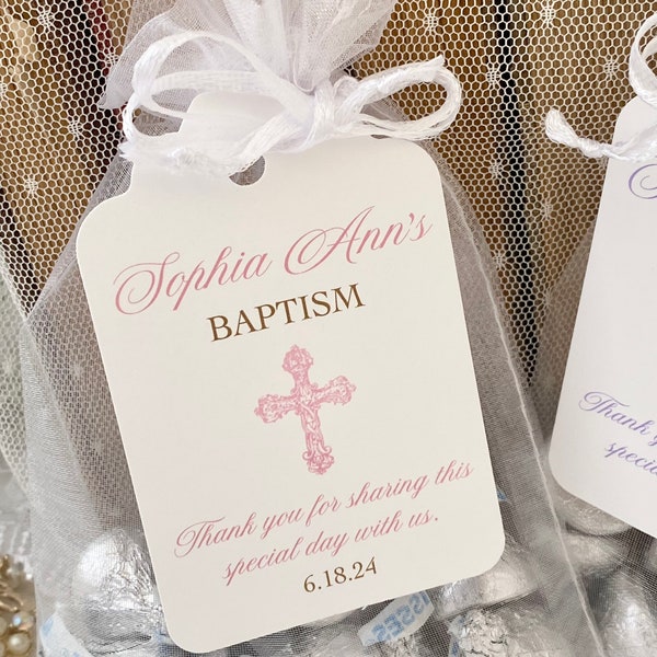 Personalized Baptism Favor Gift Bags and Tags for Girls, Christening Baby Dedication Cross Gift Bags for Guests, Thank You Cross Favors