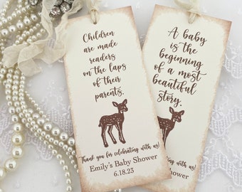Deer Bookmarks Personalized Baby Shower Favors, Gender Neutral Woodland Bookmark Favors, Printed