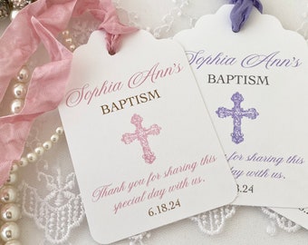 Bautismo de niña impreso Gracias Favor Etiquetas de regalo, Etiquetas de favor cruzado para bautismo, bautizo, dedicación, primera comunión