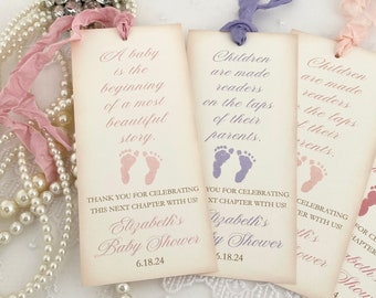 Girl Baby Shower Bookmark Favors , Girl Shower Favors, Pink Footprints, Printed