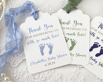 Printed Baby Boy Shower Favor Tags, Thank You for Showering Us with Love Tags, Personalized Custom Baby Shower Tags for Boy