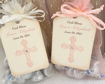 Girls Baptism Favor Bags, Pink Baptism Favor Organza Bags & Tags, Pink Cross, Printed