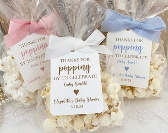 Baby Shower Popcorn Favor Gift Bags, Thanks for Popping Poppin' By Baby Shower Favors, Personalized Popcorn Bags and Tags Boy or Girl
