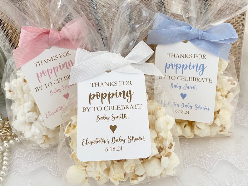 Baby Shower Popcorn Favor Gift Bags, Thanks for Popping Poppin' By Baby Shower Favors, Personalized Popcorn Bags and Tags Boy or Girl image 1
