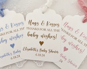 PRINTED Hugs and Kisses Baby Wishes Favor Gift Tags for Baby Shower, Personalized Gender Neutral Baby Thank You Tags for Hershey Kisses