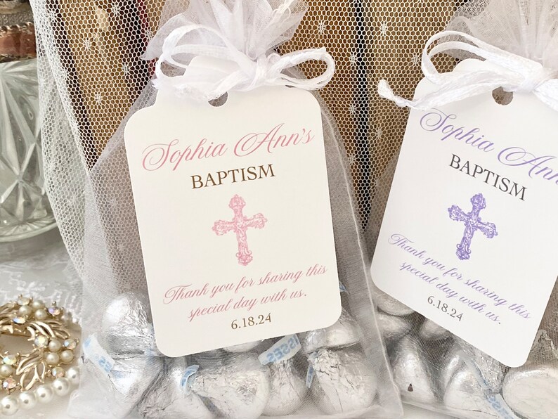 Personalized Baptism Favor Gift Bags and Tags for Girls, Christening Baby Dedication Cross Gift Bags for Guests, Thank You Cross Favors image 3